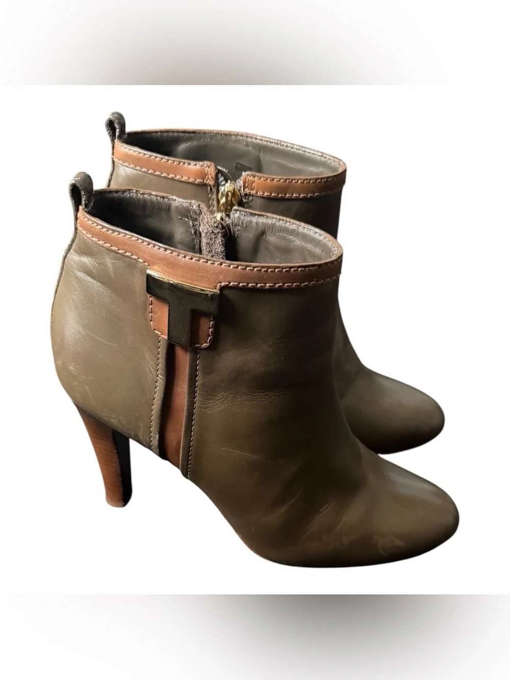 TORY BURCH Olive Brown Leather Ankle Booties Heel Side Zip Shoes Size 8.5 M